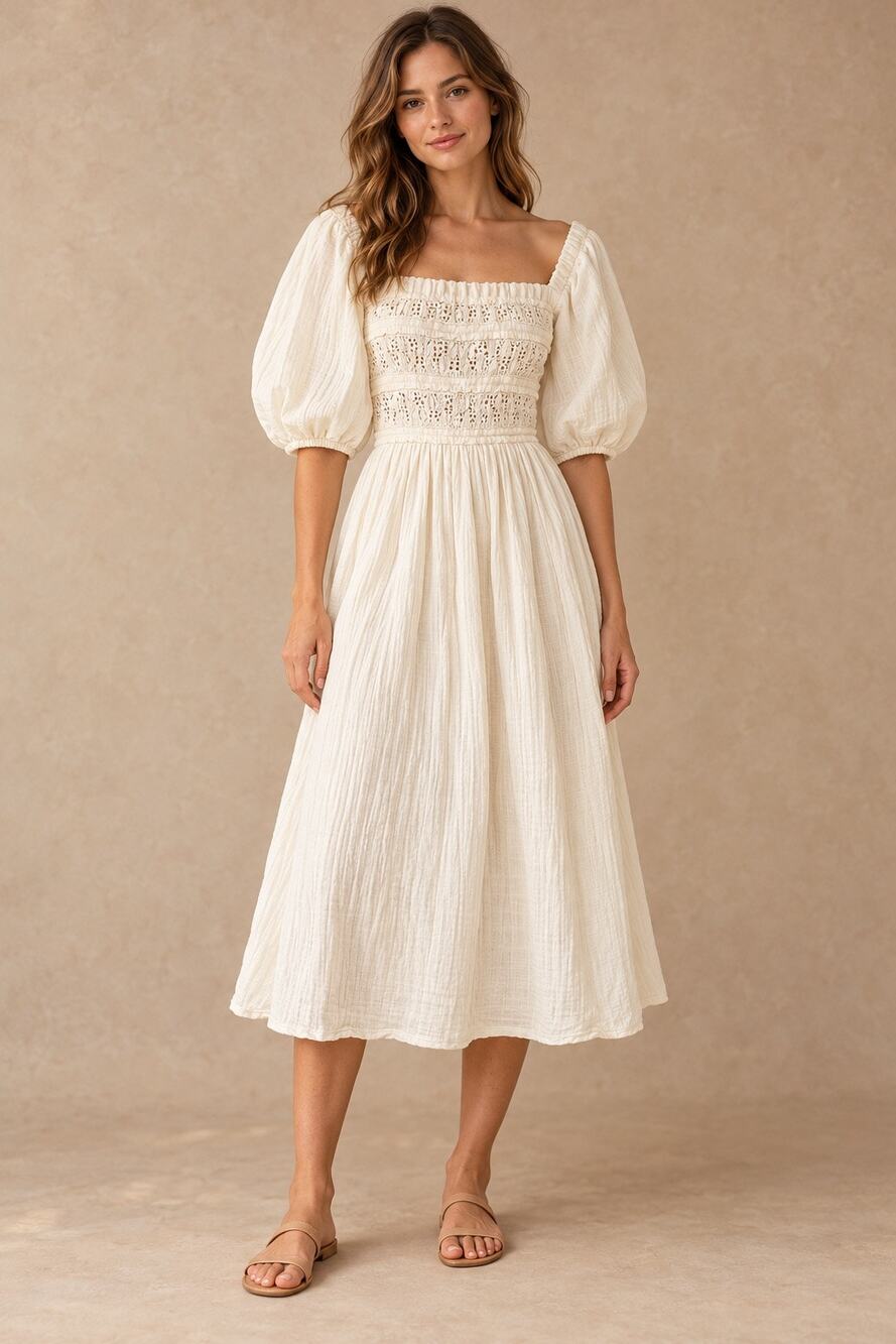 By Together Ivory Cotton Gauze Lace Puff Sleeve Midi Dress Medium